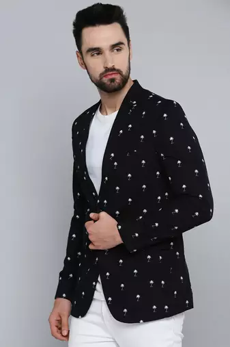 SHOWOFF Men's Mandarin Collar Black Printed Blazer