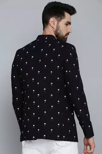 SHOWOFF Men's Mandarin Collar Black Printed Blazer