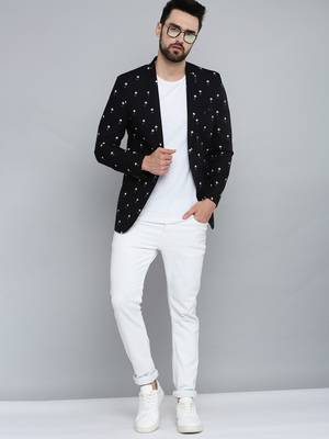 SHOWOFF Men's Mandarin Collar Black Printed Blazer 5
