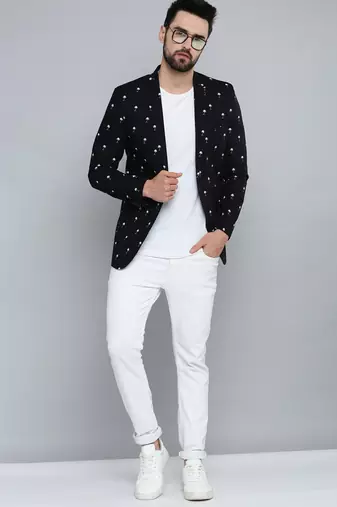SHOWOFF Men's Mandarin Collar Black Printed Blazer