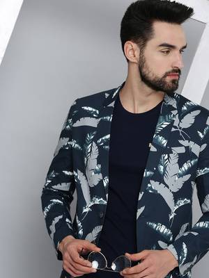men's mandarin collar navy blue printed blazer 1