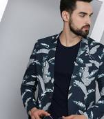 men's mandarin collar navy blue printed blazer