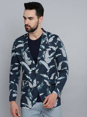 men's mandarin collar navy blue printed blazer 2