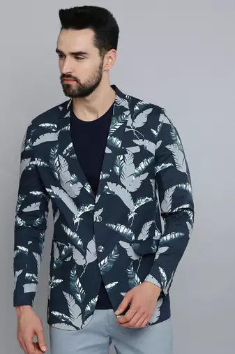 men's mandarin collar navy blue printed blazer