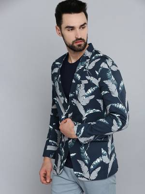 men's mandarin collar navy blue printed blazer 3