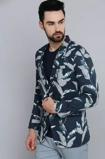 men's mandarin collar navy blue printed blazer
