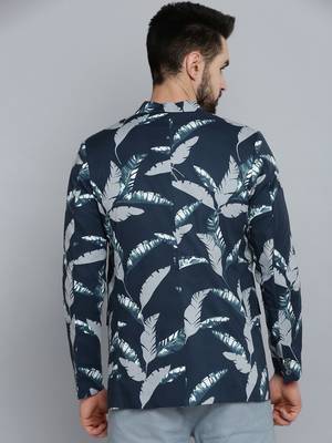 men's mandarin collar navy blue printed blazer 4