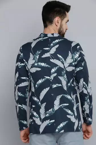 men's mandarin collar navy blue printed blazer