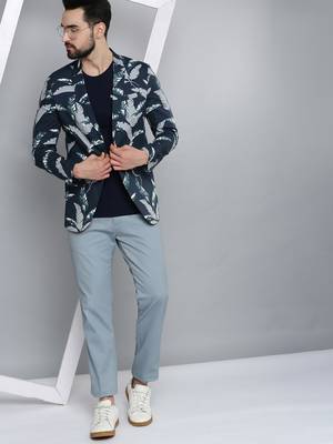 men's mandarin collar navy blue printed blazer 5