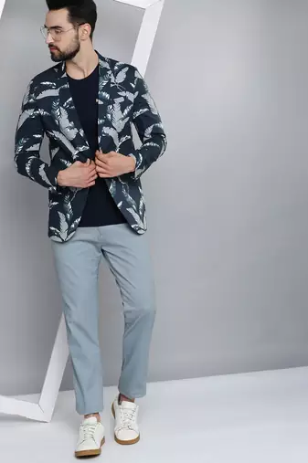 men's mandarin collar navy blue printed blazer