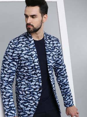 SHOWOFF Men's Mandarin Collar Navy Blue Printed Blazer 1