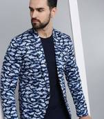 SHOWOFF Men's Mandarin Collar Navy Blue Printed Blazer