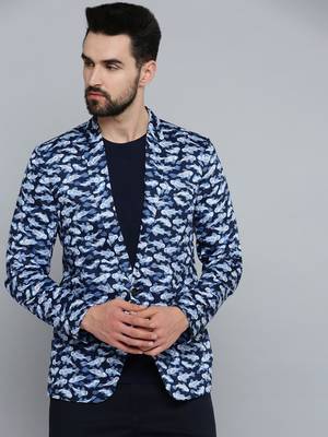 SHOWOFF Men's Mandarin Collar Navy Blue Printed Blazer 2