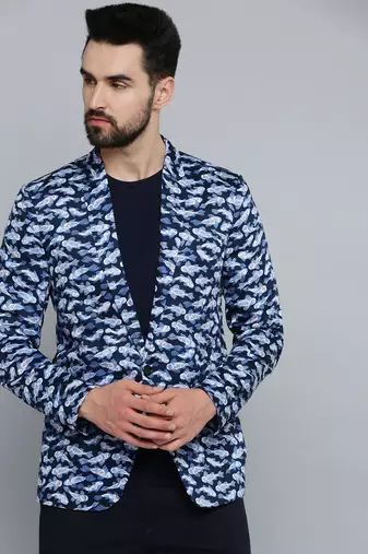 SHOWOFF Men's Mandarin Collar Navy Blue Printed Blazer