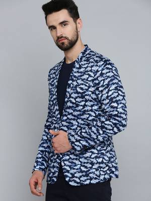 SHOWOFF Men's Mandarin Collar Navy Blue Printed Blazer 3