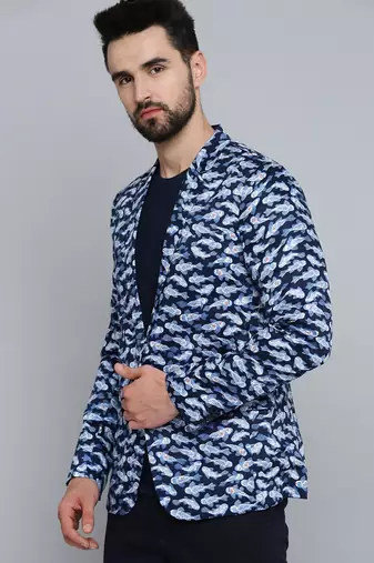 SHOWOFF Men's Mandarin Collar Navy Blue Printed Blazer
