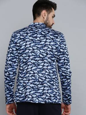 SHOWOFF Men's Mandarin Collar Navy Blue Printed Blazer 4