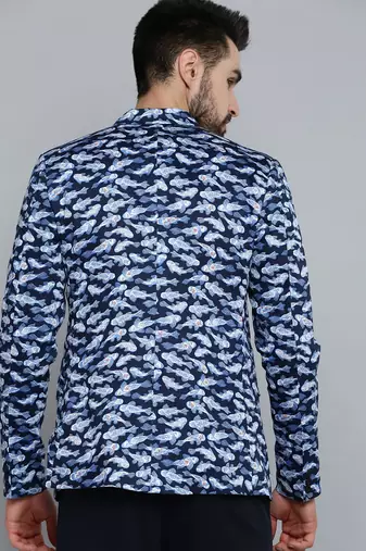 SHOWOFF Men's Mandarin Collar Navy Blue Printed Blazer
