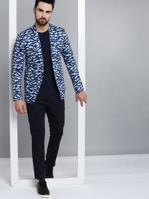 SHOWOFF Men's Mandarin Collar Navy Blue Printed Blazer 5