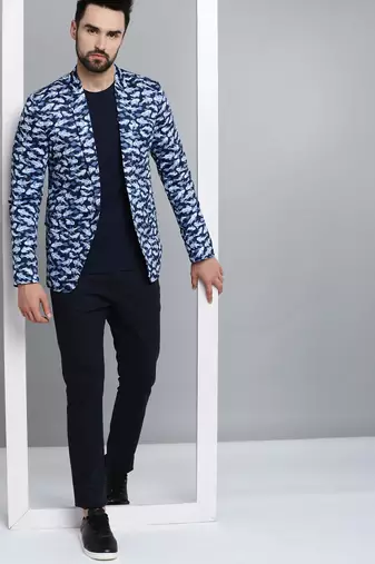 SHOWOFF Men's Mandarin Collar Navy Blue Printed Blazer