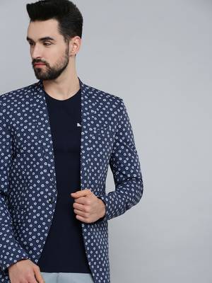 SHOWOFF Men's Mandarin Collar Navy Blue Printed Blazer 1