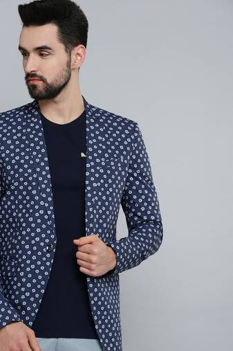 SHOWOFF Men's Mandarin Collar Navy Blue Printed Blazer