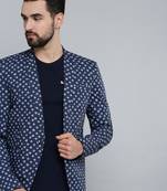 SHOWOFF Men's Mandarin Collar Navy Blue Printed Blazer