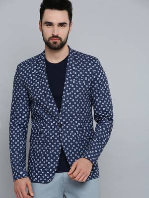 SHOWOFF Men's Mandarin Collar Navy Blue Printed Blazer 2