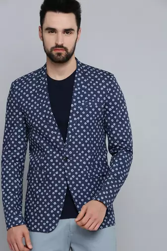 SHOWOFF Men's Mandarin Collar Navy Blue Printed Blazer