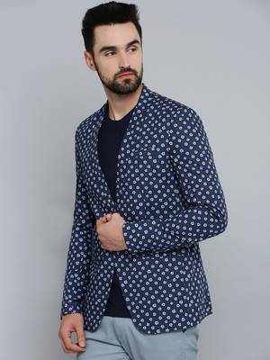 SHOWOFF Men's Mandarin Collar Navy Blue Printed Blazer 3