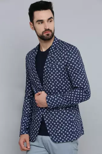 SHOWOFF Men's Mandarin Collar Navy Blue Printed Blazer