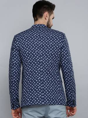 SHOWOFF Men's Mandarin Collar Navy Blue Printed Blazer 4