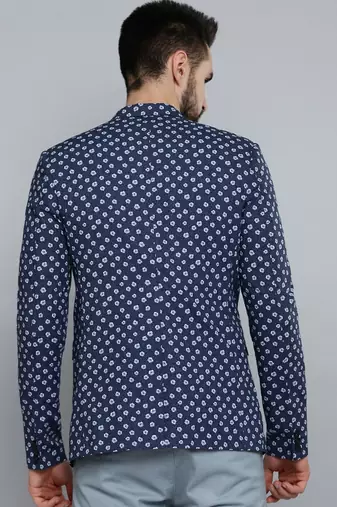 SHOWOFF Men's Mandarin Collar Navy Blue Printed Blazer