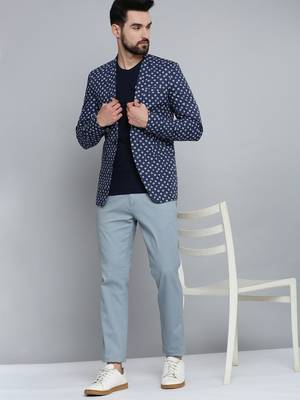 SHOWOFF Men's Mandarin Collar Navy Blue Printed Blazer 5