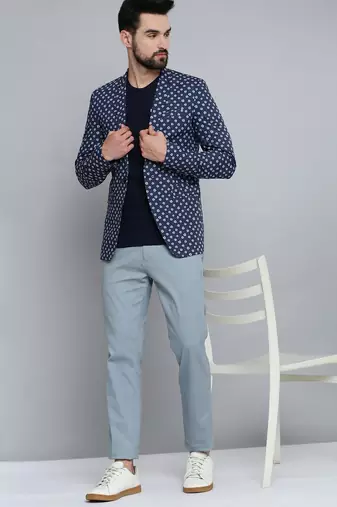 SHOWOFF Men's Mandarin Collar Navy Blue Printed Blazer