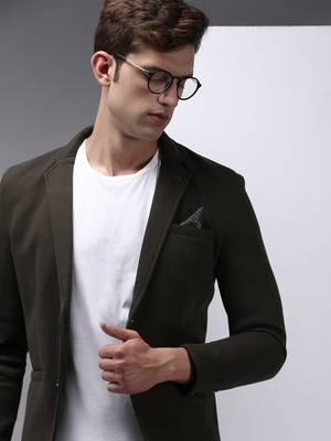 SHOWOFF Men's Notched Lapel Olive Solid Blazer 1