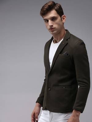 SHOWOFF Men's Notched Lapel Olive Solid Blazer 3