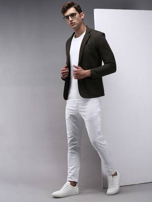 SHOWOFF Men's Notched Lapel Olive Solid Blazer 5