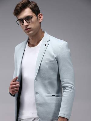 Men's Notched Lapel Blue Solid Blazer 1