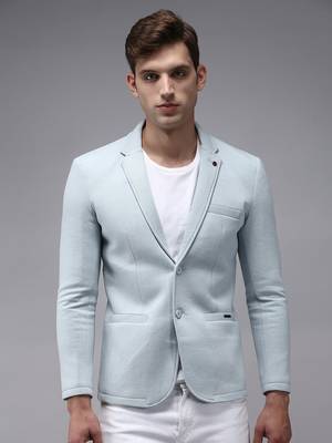 Men's Notched Lapel Blue Solid Blazer 2