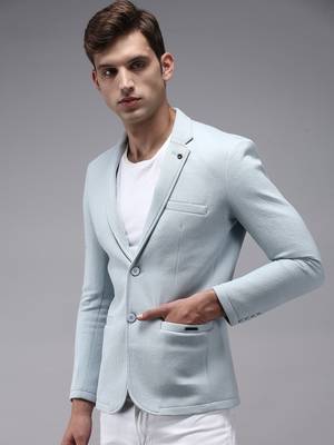 Men's Notched Lapel Blue Solid Blazer 3