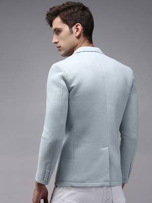 Men's Notched Lapel Blue Solid Blazer 4