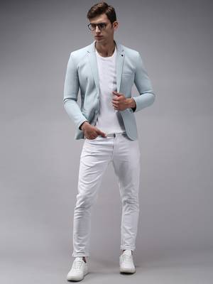 Men's Notched Lapel Blue Solid Blazer 5