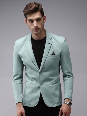 Men's Notched Lapel Sea Green Solid Blazer 2