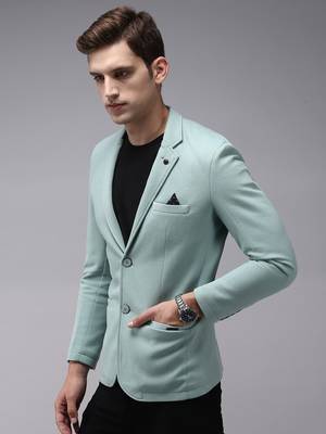 Men's Notched Lapel Sea Green Solid Blazer 3