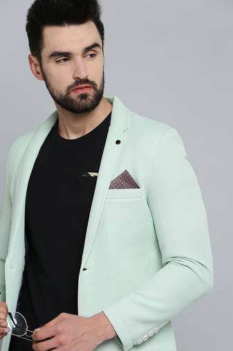 Men's Notched Lapel Sea Green Self Design Blazer