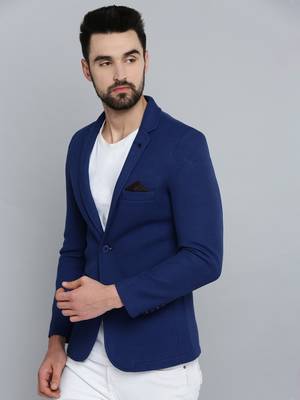 Men's Notched Lapel Blue Self Design Blazer 1
