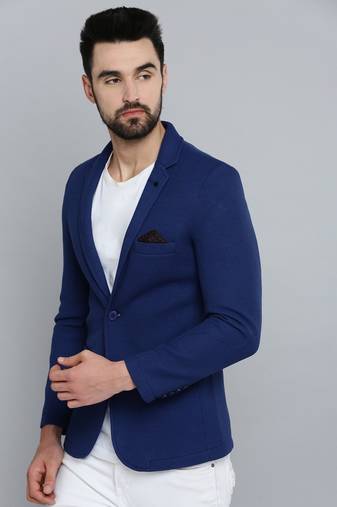Men's Notched Lapel Blue Self Design Blazer