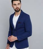 Men's Notched Lapel Blue Self Design Blazer