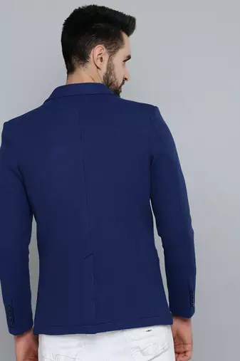 Men's Notched Lapel Blue Self Design Blazer